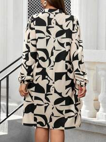 EMERY ROSE 大码女式优雅几何印花灯笼袖连衣裙，秋季 - 黑色 - 查看 2