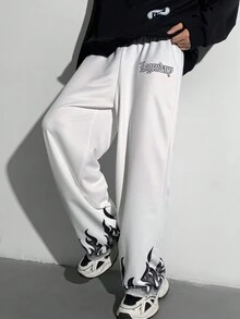 SHEIN 青少年男孩休闲火焰与英文图案印花白色锥形运动裤，适合秋季、冬季、保暖、学院、休闲、运动装、生日派对、郊游、百搭、简约、保暖内衬 - 白色 - 查看 4