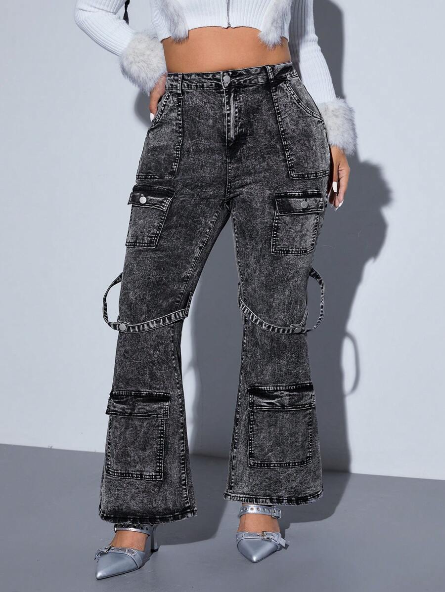 Quần Jeans ống loe túi hộp thường ngày cỡ lớn cho nữ - màu đen - Xem 1