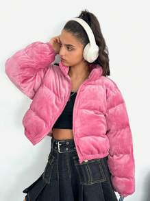 SHEIN Leap Crew Chaqueta de terciopelo retro informal/rosa/para adolescente, adecuada para vacaciones, fiesta, chaqueta acolchada, franela, pana, cremallera de cuarto - Rosa vieja - Ver 5