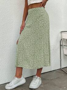 Chiquease 碎花高开衩休闲裙 - 薄荷綠 - 查看 3