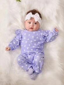 SHEIN 新生女婴紫色圆点荷叶边长袖上衣和裤子 2 件套，秋冬 - 紫色 - 查看 3