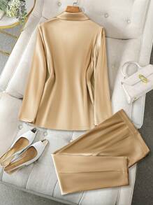 SHEIN Clasi Shiny Fabric Women's Autumn Long Sleeve Notched Collar Suit Jacket And Pants Set - Champagne - View 2