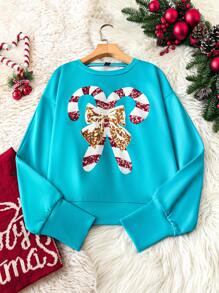 Chiquease Sudadera con cuello redondo con estampado de lazo y bastón de caramelo de Navidad