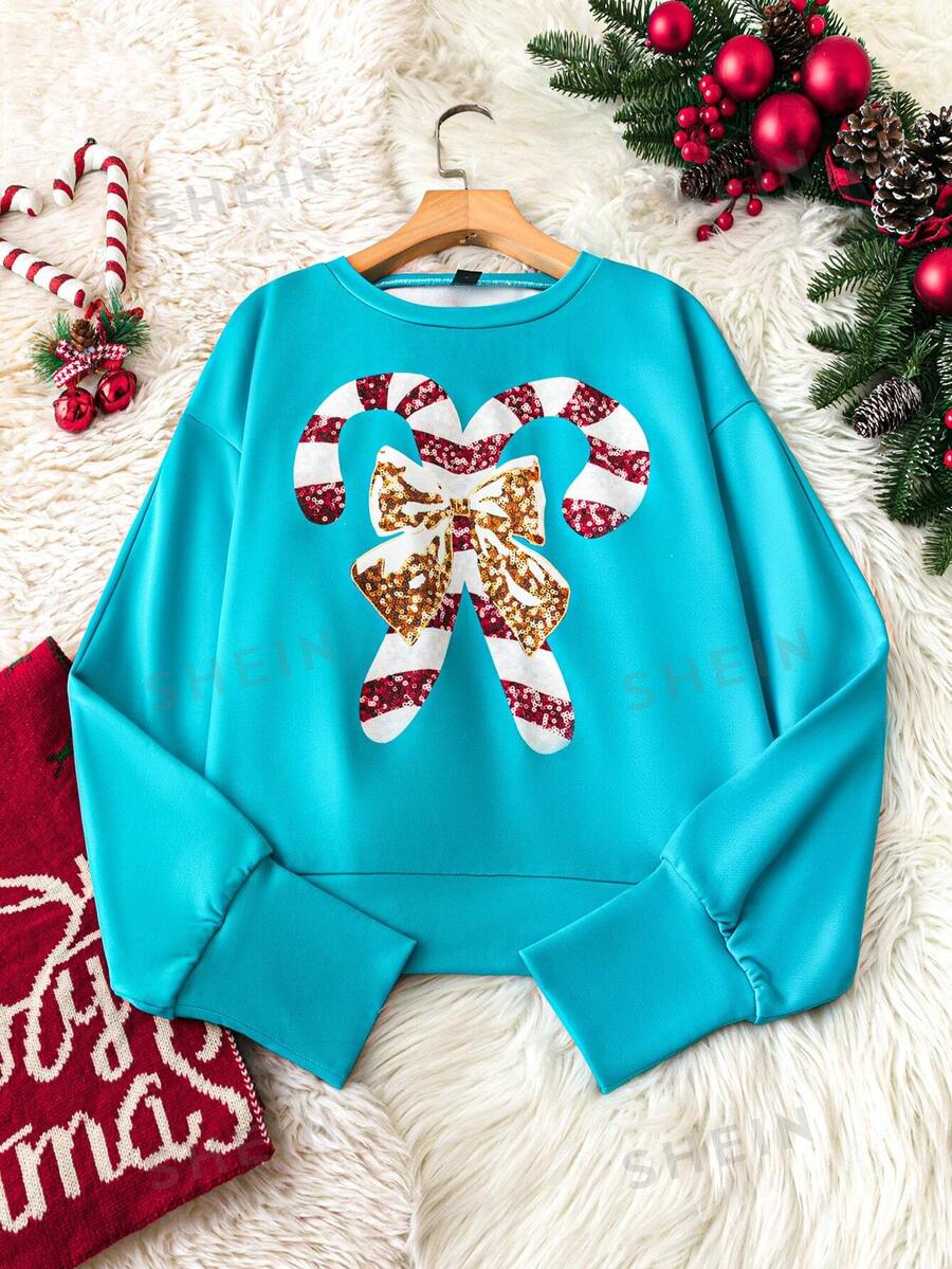 Chiquease Sudadera con cuello redondo con estampado de lazo y bastón de caramelo de Navidad