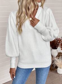 SHEIN LUNE 女士纯色 V 领灯笼袖休闲毛衣