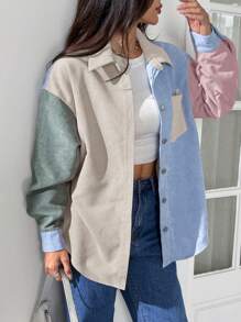 SHEIN EZwear 拼色落肩字母拼布灯芯绒大衣 - 杏色 - 查看 3