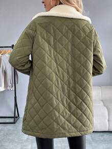 SHEIN LUNE 女士休闲拼色翻领落肩长袖加厚棉服外套，冬季服装 - 軍綠色 - 查看 2