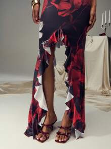 SHEIN Unity Women's Hollow Out Halter Neck Oil Painting Rose Print Dress - Multicolor - View 4