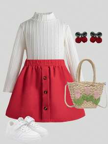 Young Girl Fashionable Casual Knit Jacquard Textured Elastic Fabric Dress With Red Bow Tie Waistband, Suitable For Outings, Travel, Vacation, School, Daily Wear, Autumn And Spring, Stylish, Fashion , Cute, Fits For Fashion-Conscious Girlish Charms, 2-Piece Set