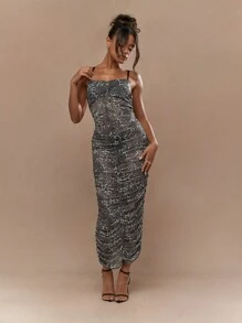 MISSGUIDED Sheer Leopard Print Sweetheart Neck Spaghetti Strap  Ruched Midaxi Dress