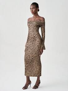 Chiquease Damen Leoparden-Muster Kleid mit Off-Shoulder Ausschnitt und Rückenausschnitt, Langarm (inkonsistente Muster)