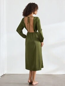 Ocili Leisure Silky Soft Satin Spaghetti Strap Long Sleeve Maxi Nightgown - Green - View 2
