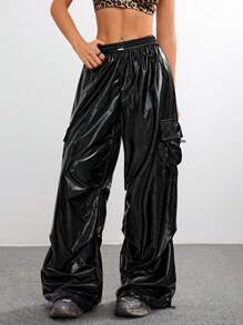 Coolane 女款秋季 Y2K 抽绳高腰阔腿全息效果工装裤 - 黑色 - 查看 3