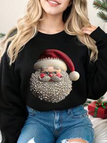 Calvaya 大码女式圣诞圆领运动衫，圣诞老人印花长袖套头衫 - 黑色 - 查看 3