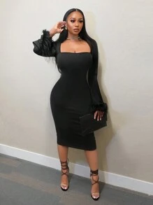 BamGleam 女式优雅纯色圆领长袖毛边修身连衣裙，秋季 - 黑色 - 查看 1