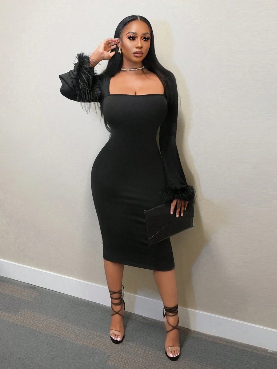 BamGleam 女式优雅纯色圆领长袖毛边修身连衣裙，秋季 - 黑色 - 查看 1