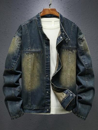 Manfinity Homme 大码男士深蓝色纯色复古水洗深色牛仔夹克，休闲设计，适合外出