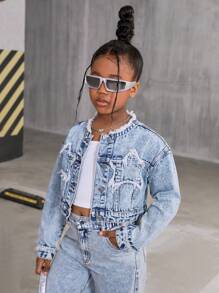 SHEIN Explorewe Áo khoác denim ngắn màu xanh nhạt phong cách Y2K cho bé gái tuổi teen - Rửa trung bình - Xem 3