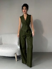 Siren Gaze 两件套秋季服装 2 件套女士纯色无袖上衣和裤子秋季衣服 - 軍綠色 - 查看 4