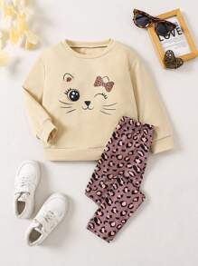 Elladie kids 2 件套少女心豹纹休闲舒适装，秋冬 - 彩色 - 查看 1