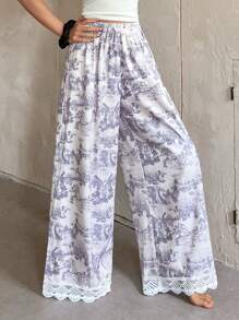 DAZY Women's Sketch Landscape Pattern Lace Patchwork Wide Leg Pajama Bottoms
