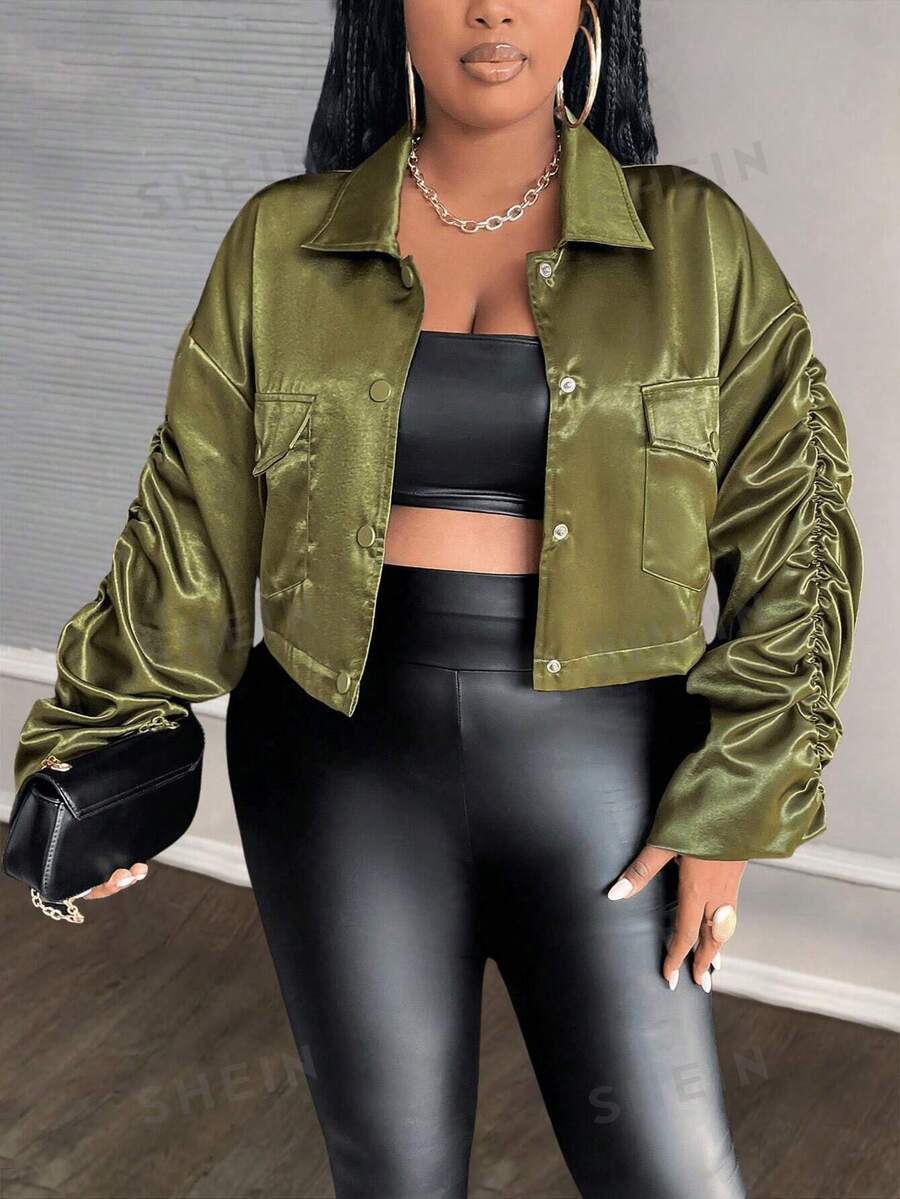 Maweii Chaqueta casual de manga larga arrugada de unicolor para mujer de talla grande, otoño