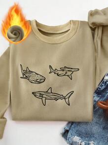 Chiquease European&American Fashion Casual Pullover Long Sleeve Shark Print Sweatshirt For Women Fall - Khaki - View 1