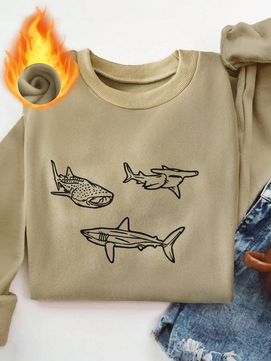Chiquease European&American Fashion Casual Pullover Long Sleeve Shark Print Sweatshirt For Women Fall - Khaki - View 1