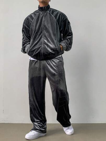 DAZY Conjunto de dos piezas de sudadera con capucha con cremallera y pantalón de chándal de unicolor con ajuste holgado para hombres, otoño