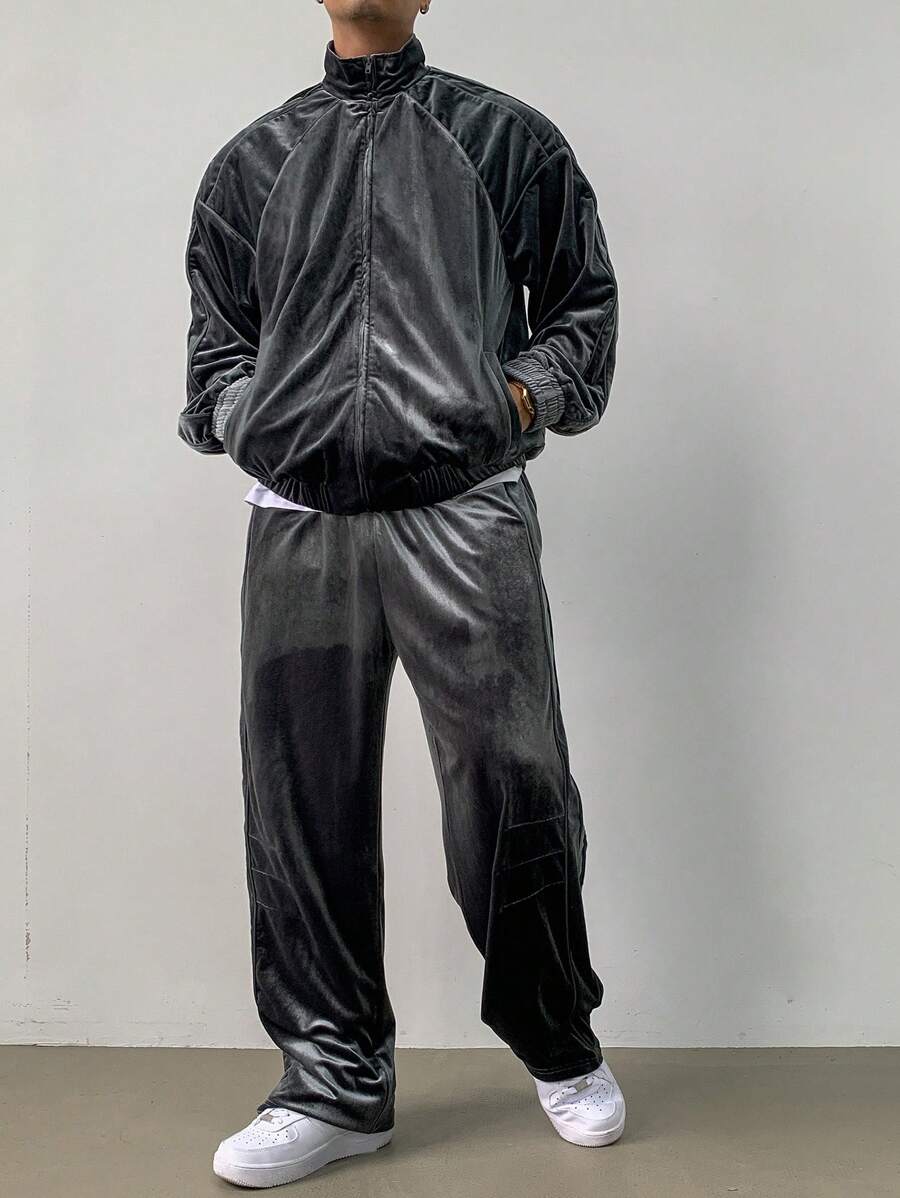 DAZY Men's Solid Color Zip-Up Sweatshirt And Sweatpants Loose Fit Two-Piece Set, Autumn - Grey - View 1
