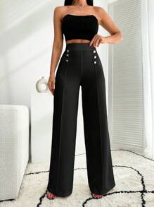 EURMUSE 白色纽扣细节阔腿裤