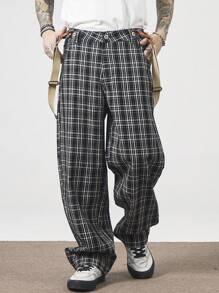 Manfinity Roghcode Men's Plaid Print Casual Denim Bib And Brace Overalls With Pockets