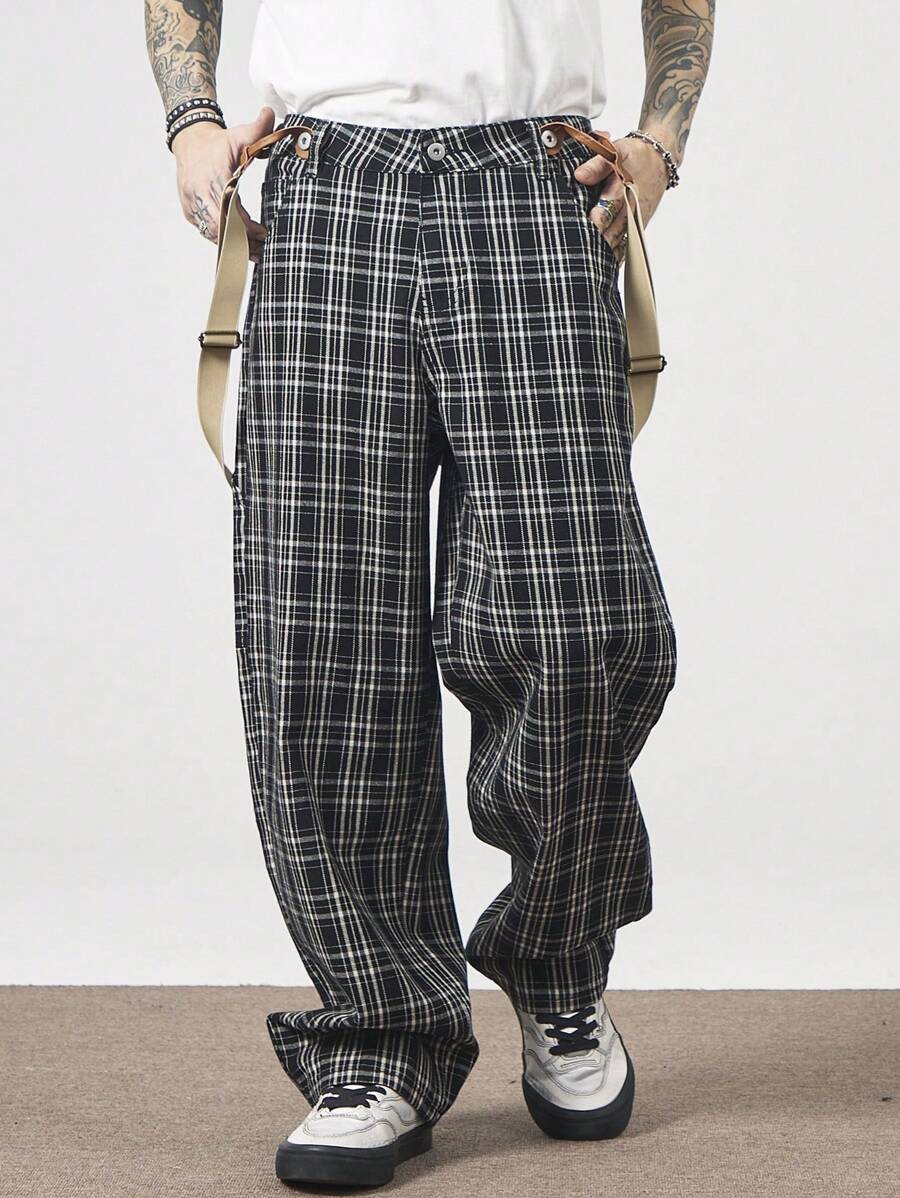 Manfinity Roghcode Men's Plaid Print Casual Denim Bib And Brace Overalls With Pockets