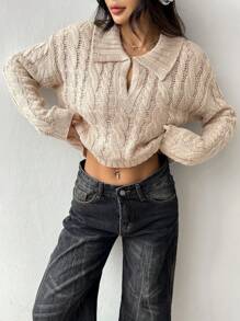SHEIN Unity Suéter de punto casual de mujer con hombros caídos y calado, de unicolor, para otoño e invierno - Caqui - Ver 5