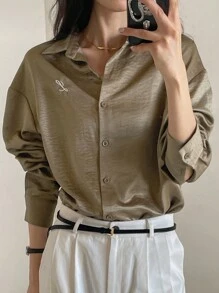 DAZY 女式仿麂皮柔软刺绣宽松长袖上衣 - 棕色 - 查看 6