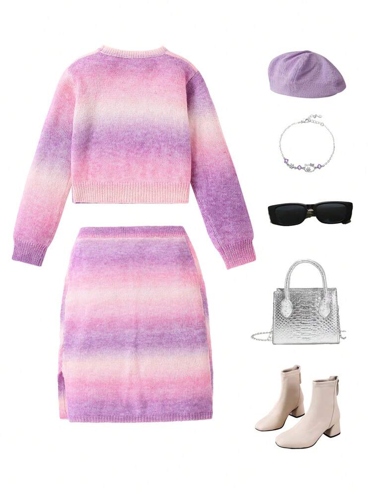 2pcs/Set Tween Girl Girls Fashion Rainbow Gradient Fuzzy Knit Sweater Pullover And Gradient Sweater Dress With Side Slit, Suitable For Outdoor, Dining Or Streetwear - Multicolor - View 2