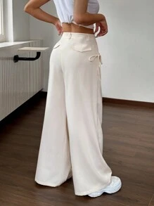 Muchica 春夏深灰色高腰翻盖口袋侧压系带阔腿西装裤 - 米色 - 查看 2