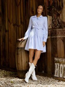 LanaWest 女式休闲条纹泡泡袖衬衫裙，秋季 - 藍白色 - 查看 5