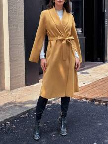 Chiquease 女士休闲商务通勤前开衩常规长款外套 - 咖啡棕 - 查看 4