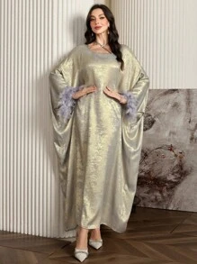 Al Najma 女士优雅羽毛喇叭袖阿拉伯连衣裙朴素长袖长袍，春秋季，派对 A 字形礼服，适合晚会/婚礼嘉宾/周年纪念 - 灰色 - 查看 4