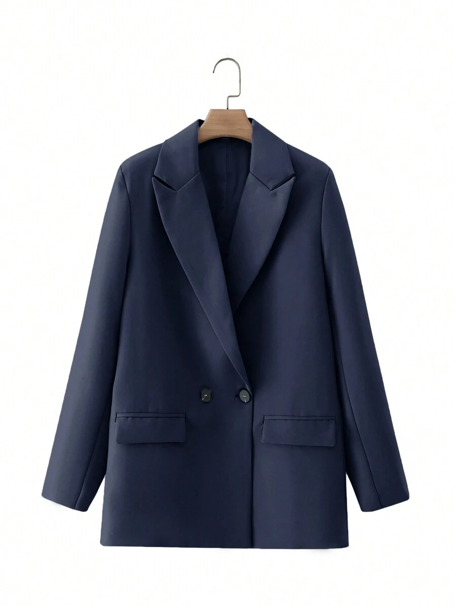 SHEIN Plus Size Women's Autumn Business Style Blue Front Pocket Blazer Jacket, Suitable For Commuting