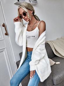 SHEIN LUNE Patch Pocket Fuzzy Cardigan,Long Sleeve Tops