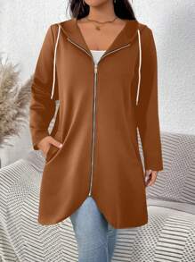 SHEIN LUNE Plus Size Women's Christmas Black Hoodie Fall Clothes Teacher Clothes Back To School Gradient Pattern Simple Daily Long Sleeve Coat