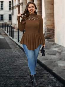 SHEIN Clasi Plus Size Solid Color Hollow-Out Simple Long Sleeve T-Shirt, Casual Daily Wear - Coffee Brown - View 5