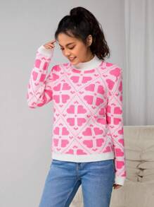 Teen Girl Pink Four-Leaf Clover Plush Warm & Soft Yarn Colorblock Stand Collar Sweater, Suitable For Outings, Gatherings, Parties, Warm For Autumn/Winter - Pink - View 1