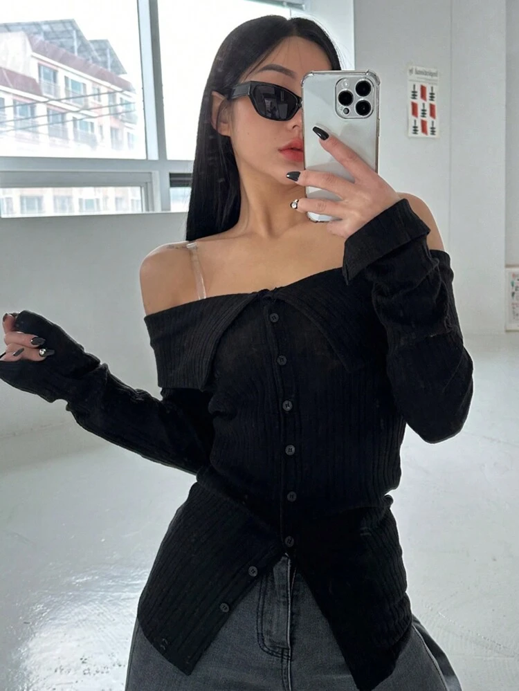 Women's Solid Off Shoulder Single-Breasted Casual T-Shirt, Autumn Long Sleeve Women Tops