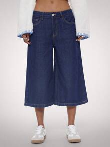 Forever 21 深蓝色水洗休闲宽松3/4长裤，春夏 - 藍色 - 查看 5