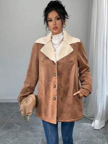 Chiquease 撞色拼布口袋纽扣羊毛厚夹克 - 棕色 - 查看 4