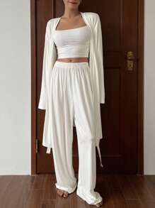 DAZY Minimalist Soft Loungewear Set: Straight Leg Pants & Belted Robe, Fall Winter Clothes Pajama - White - View 5
